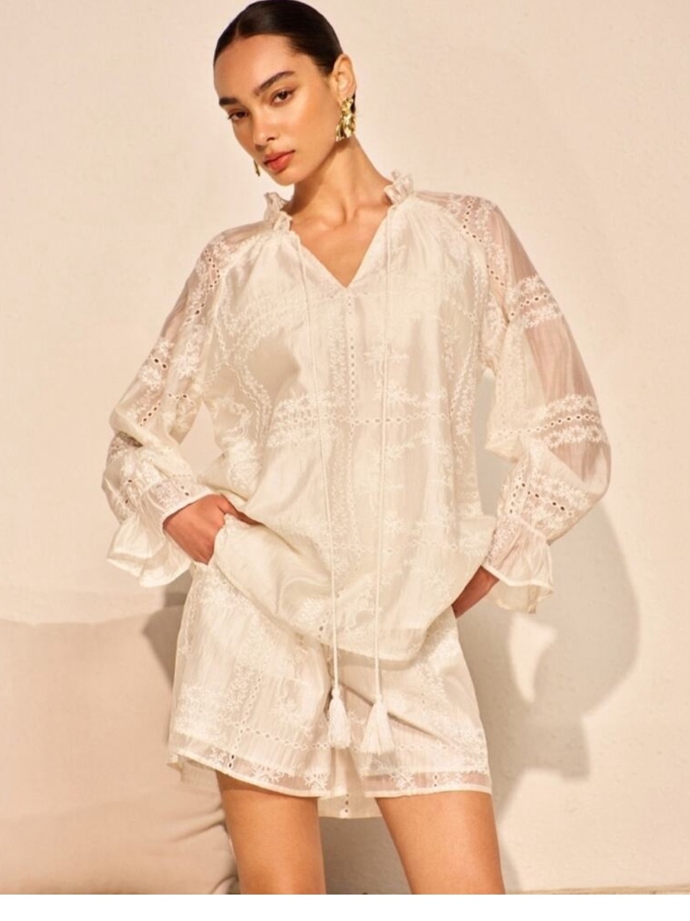 NEW, Commense • Elegant White Lace Blouse and Short Set, Size xs
